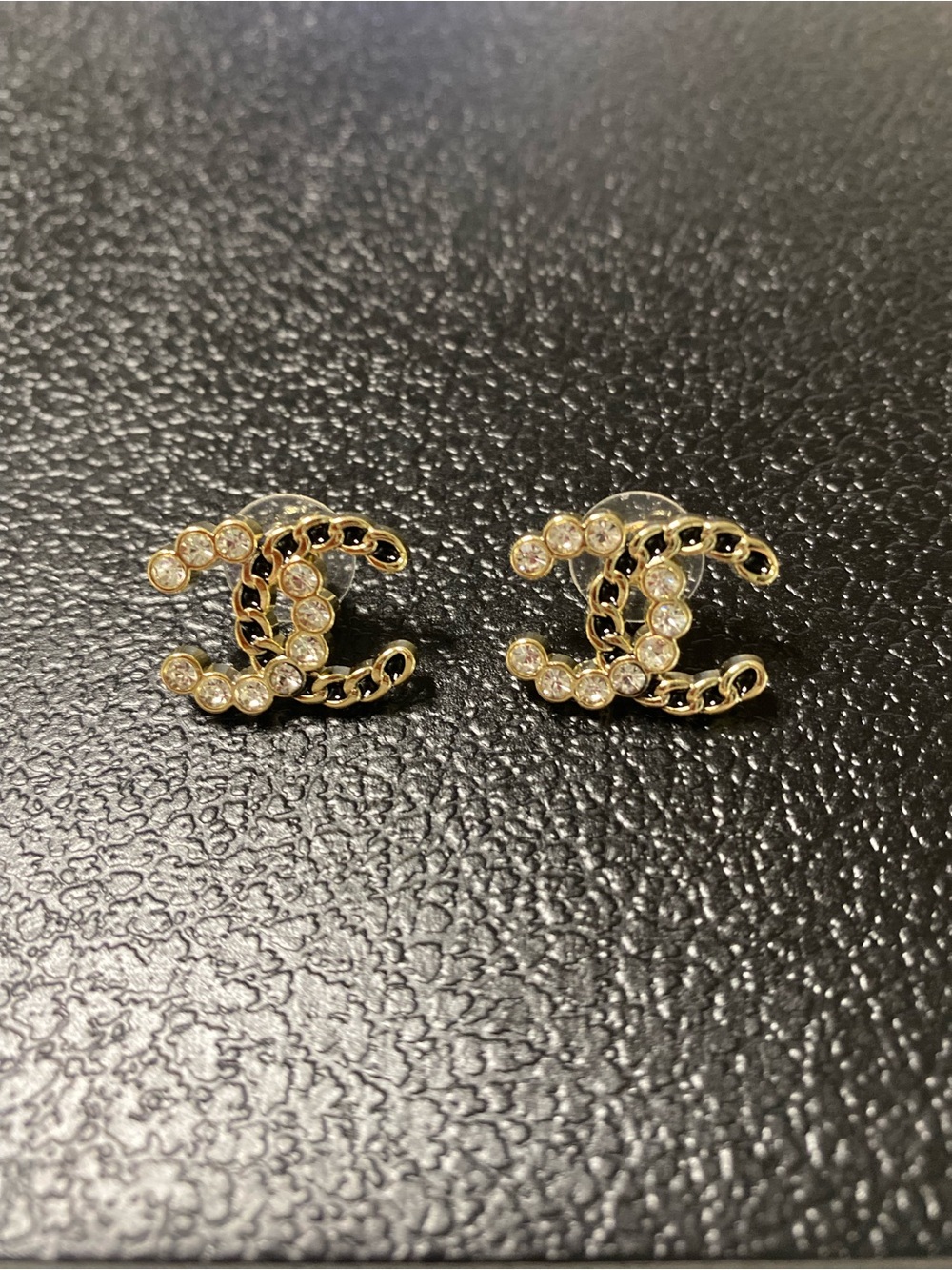 ChaneI Gold-Tone Black Crystal Embellished Logo Stud Earrings
